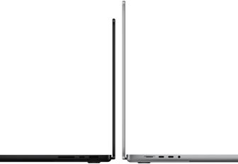 Dwa laptopy ustawione tyłem do siebie, jeden w kolorze czarnym, drugi srebrnym. Oba mają cienką konstrukcję i widoczne porty po bokach.