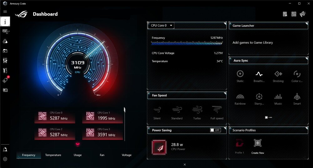 Interfejs oprogramowania Armory Crate z logo ROG, pokazujący informacje o częstotliwości procesora (3109 MHz) oraz szczegóły dotyczące rdzeni CPU i prędkości wentylatora. Widoczne są także opcje zarządzania energią i synchronizacji Aura Sync.