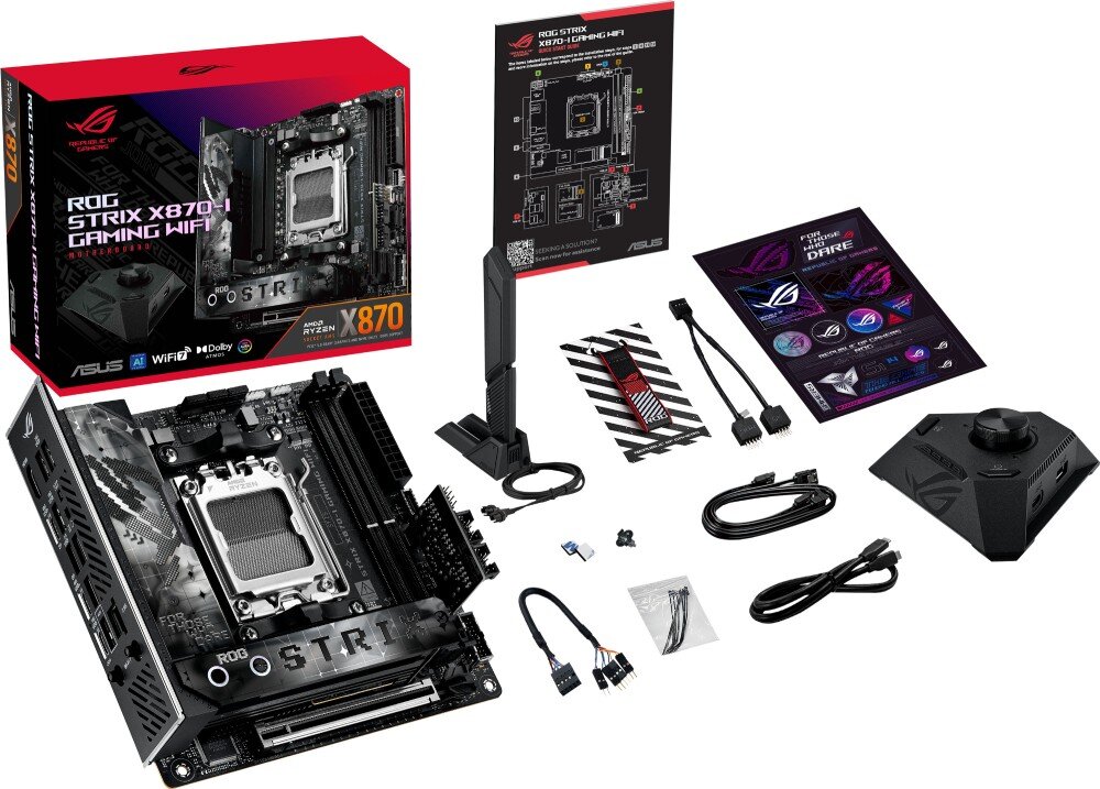 Na obrazie znajduje się płyta główna z różnymi akcesoriami, w tym anteną, kablami i instrukcjami. Widoczne jest opakowanie z napisem \'ROG STRIX X870-I GAMING WIFI\'.