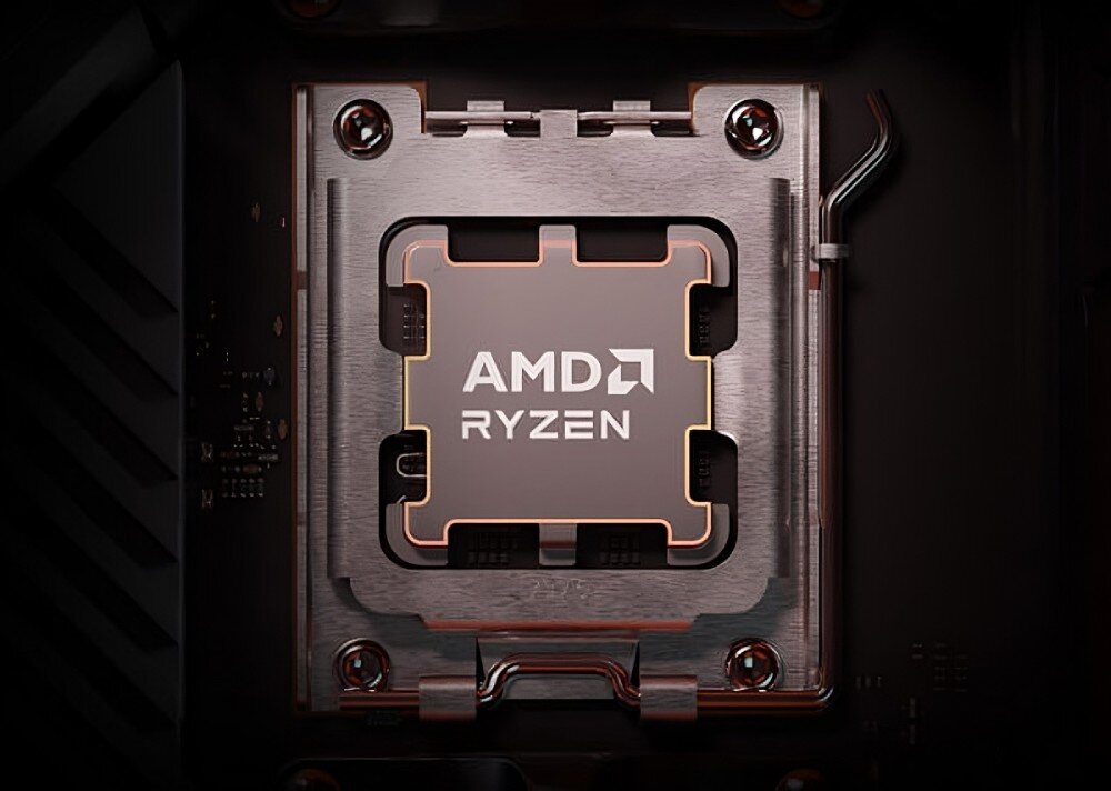 Obraz przedstawia procesor z widocznym napisem \'AMD RYZEN\' zamontowany w gnieździe na płycie głównej.