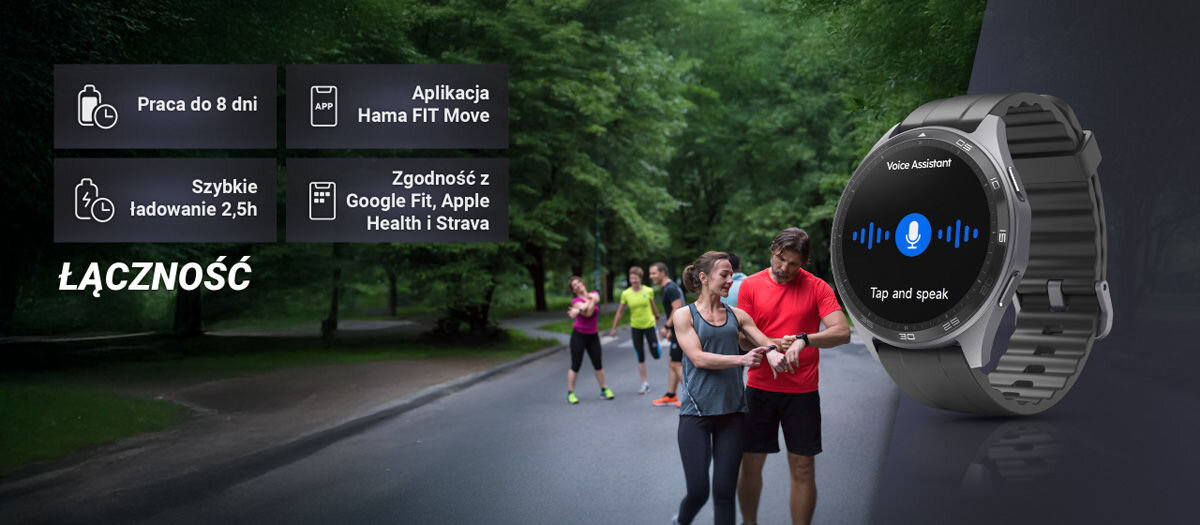 Obraz przedstawia smartwatch z wyświetlaczem pokazującym ikonę asystenta głosowego i tekst \'Tap and speak\'. Obok widoczna jest grupa osób na drodze oraz teksty: \'Praca do 8 dni\', \'Aplikacja Hama FIT Move\', \'Szybkie ładowanie 2,5h\', \'Zgodność z Google Fit, Apple Health i Strava\', \'ŁĄCZNOŚĆ\'.