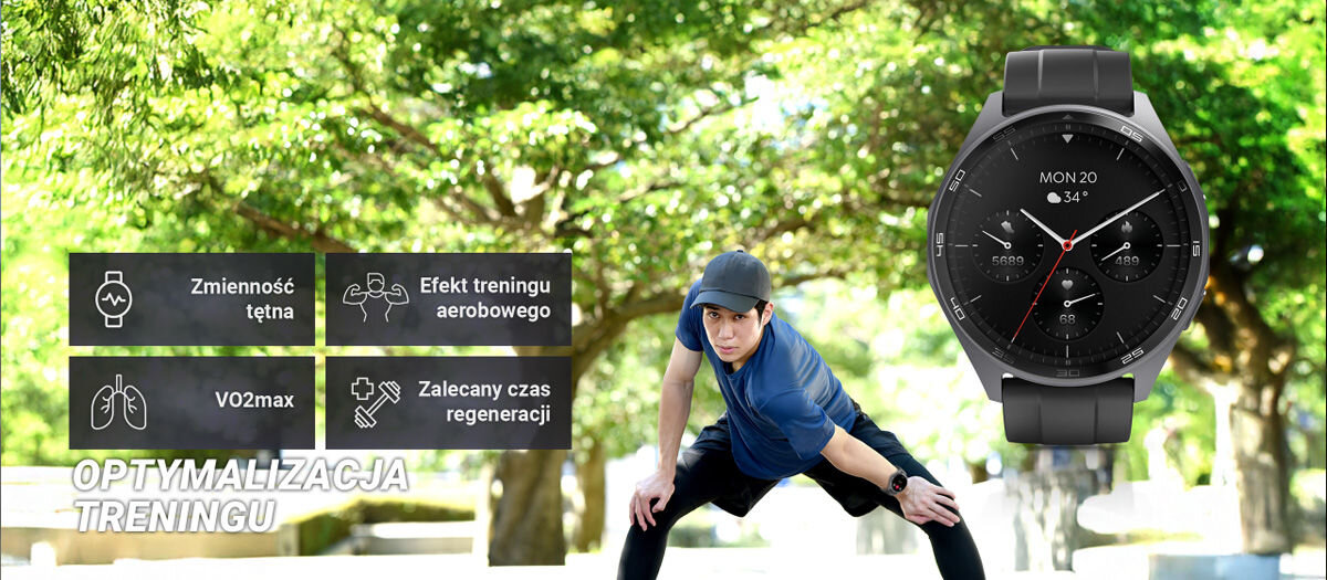 Na obrazie widoczny jest smartwatch z wyświetlaczem pokazującym datę i temperaturę oraz osoba w sportowym stroju wykonująca ćwiczenia rozciągające na tle zielonych drzew. Obok znajdują się ikony z napisami: \'Zmienność tętna\', \'Efekt treningu aerobowego\', \'VO2max\', \'Zalecany czas regeneracji\' oraz tekst \'OPTYMALIZACJA TRENINGU\'.