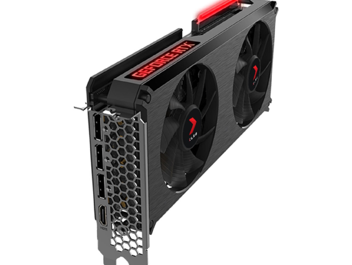 Na obrazie widoczna jest karta graficzna z dwoma wentylatorami i napisem \'GEFORCE RTX\' na górnej krawędzi. Obok wentylatorów znajduje się panel z portami HDMI i DisplayPort oraz kratką wentylacyjną.