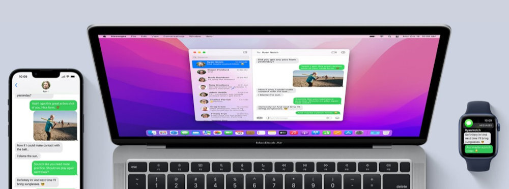 Na obrazie widoczny jest laptop z otwartym ekranem, na którym wyświetlone są wiadomości tekstowe. Obok laptopa znajdują się smartfon i smartwatch, również z widocznymi wiadomościami tekstowymi.