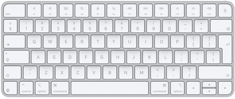 Biała klawiatura z układem QWERTY, posiada klawisze funkcyjne i strzałki kierunkowe. Widoczne są klawisze z symbolami, takimi jak command, option i control.