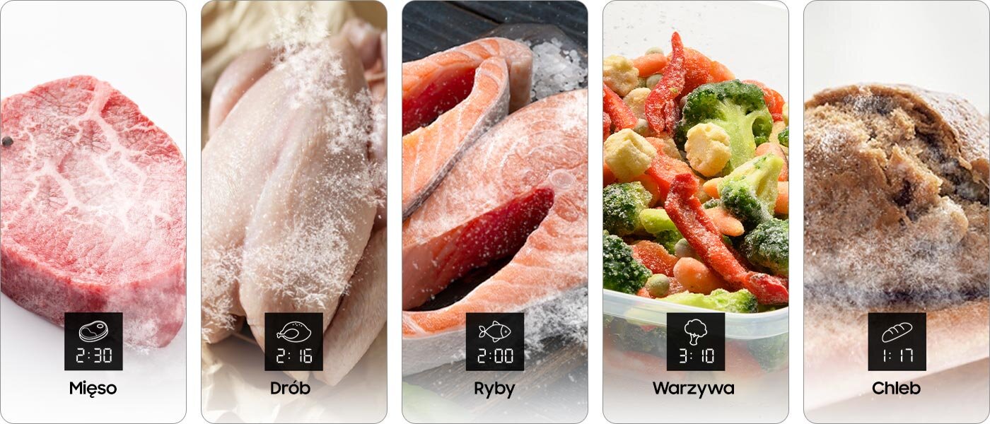 Obraz przedstawia pięć różnych produktów spożywczych z czasami rozmrażania: mięso (2:30), drób (2:16), ryby (2:00), warzywa (3:10) i chleb (1:17). Każdy produkt jest oznaczony ikoną i czasem rozmrażania.