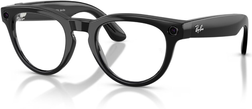 Czarne, błyszczące okulary z okrągłymi soczewkami i logo Ray-Ban na zauszniku.