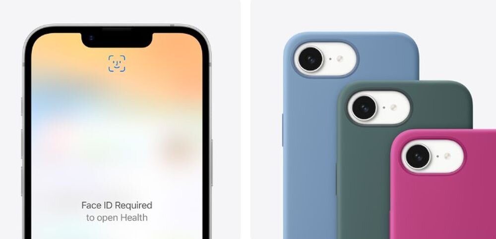 Po lewej stronie ekran smartfona z komunikatem \'Face ID Required to open Health\'. Po prawej trzy smartfony w etui w kolorach niebieskim, zielonym i różowym, widoczne są tylne aparaty.