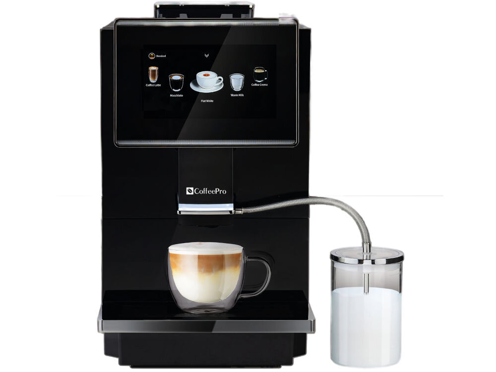 Czarny ekspres do kawy z wyświetlaczem dotykowym pokazującym różne rodzaje napojów, z logo \'CoffeePro\'. Obok ekspresu znajduje się przezroczysty pojemnik na mleko połączony metalową rurką.