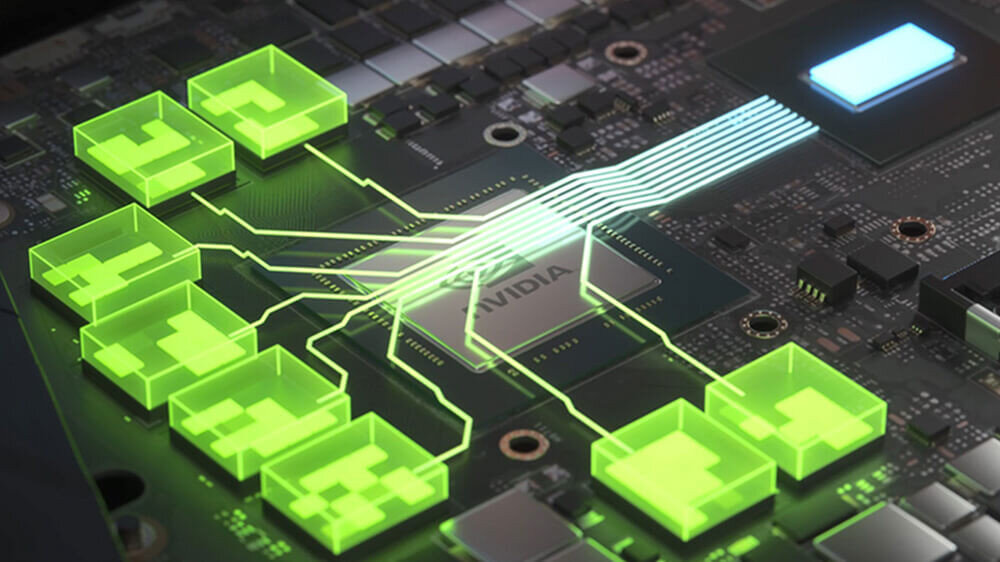 Obraz przedstawia płytę główną z widocznym logo NVIDIA oraz zielonymi, świecącymi elementami graficznymi przypominającymi schemat połączeń.