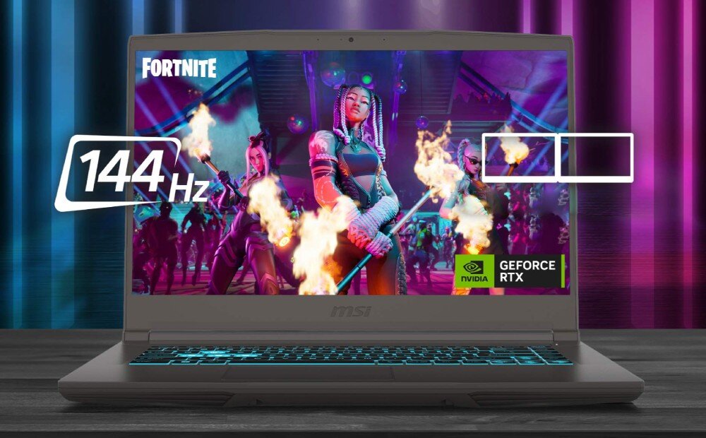 Laptop z podświetlaną klawiaturą wyświetla grę Fortnite na ekranie z częstotliwością 144 Hz. Widoczne logo NVIDIA GeForce RTX oraz napis \'FORTNITE\'.