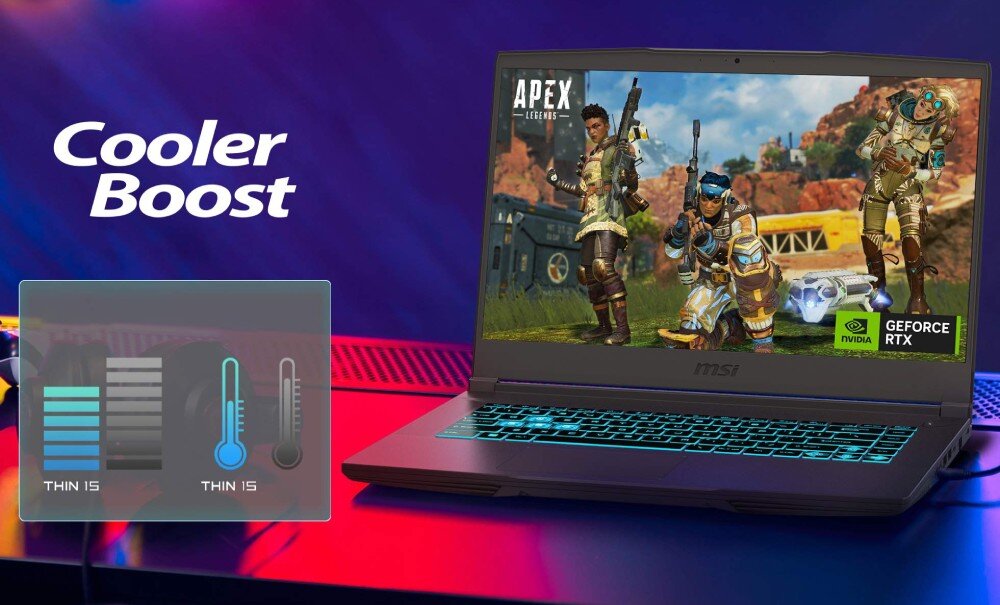 Laptop z podświetlaną klawiaturą wyświetla grę Apex Legends na ekranie. Obok znajduje się napis \'Cooler Boost\' oraz grafika z termometrami i paskami wydajności oznaczonymi jako \'THIN 15\'.
