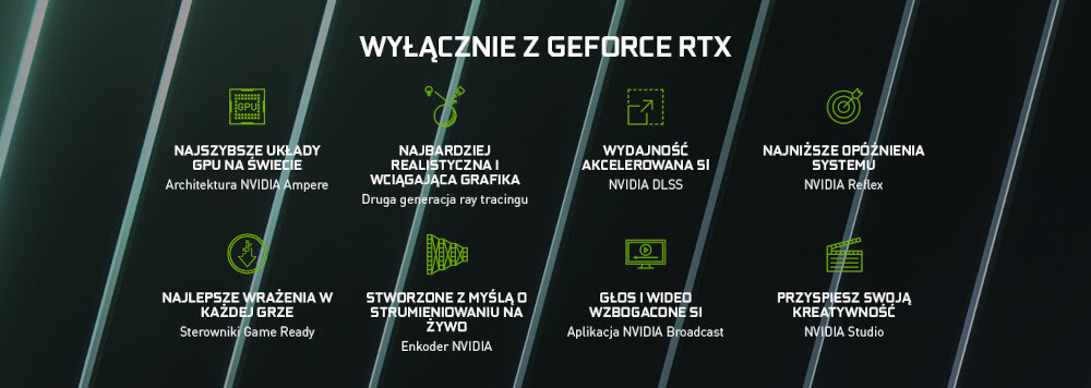 Grafika przedstawia tekst: \'WYŁĄCZNIE Z GEFORCE RTX\'. Widoczne są różne ikony i opisy funkcji, takie jak \'NAJSZYBSZE UKŁADY GPU NA ŚWIECIE Architektura NVIDIA Ampere\' oraz \'NAJBARDZIEJ REALISTYCZNA I WCIĄGAJĄCA GRAFIKA Druga generacja ray tracingu\'.