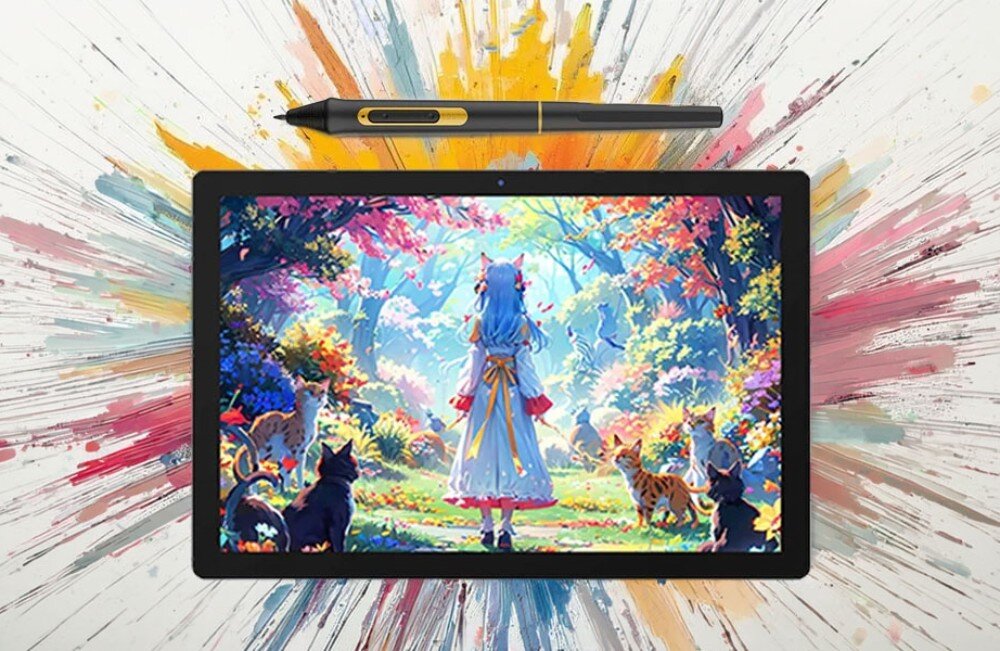 Tablet graficzny BOSTO BT-101B Tablet z barwną ilustracją przedstawiającą postać w lesie otoczoną kotami, powyżej leży rysik, w tle widać dynamiczne rozbryzgi farby, opis