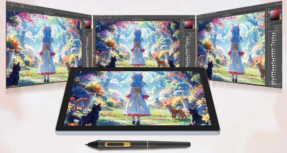 Tablet graficzny BOSTO BT-101B Cztery ekrany wyświetlające tę samą grafikę z postacią i kotami w lesie, z przodu leży tablet oraz rysik na jasnym tle, przeznaczenie, matryca, rozdzielczość
