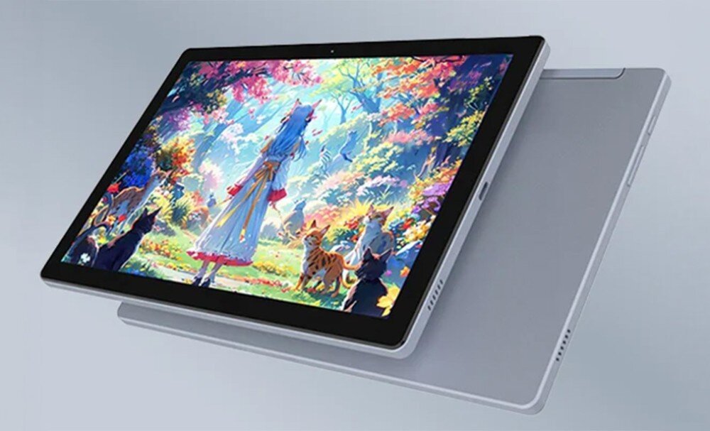 Tablet graficzny BOSTO BT-101B Dwa tablety ułożone ukośnie jeden na drugim pod kątem, na górnym widoczna jest kolorowa ilustracja, dolny pokazuje gładką obudowę, prędkość raportowania, podłączenie, wielkość