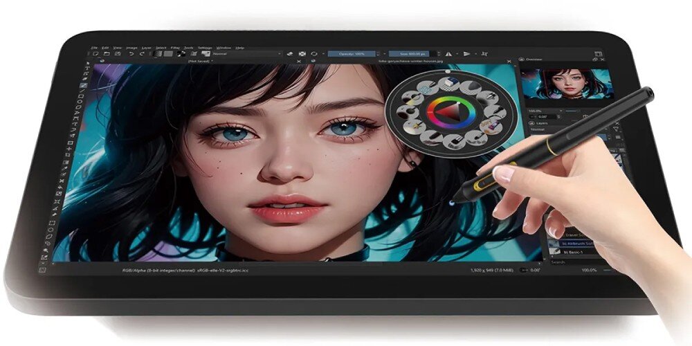 Tablet graficzny BOSTO BT-101C Ręka trzymająca rysik nad ekranem tabletu graficznego z włączonym programem do edycji grafiki i portretem dziewczyny, przeznaczenie, pole robocze, rozdzielczość, ekran