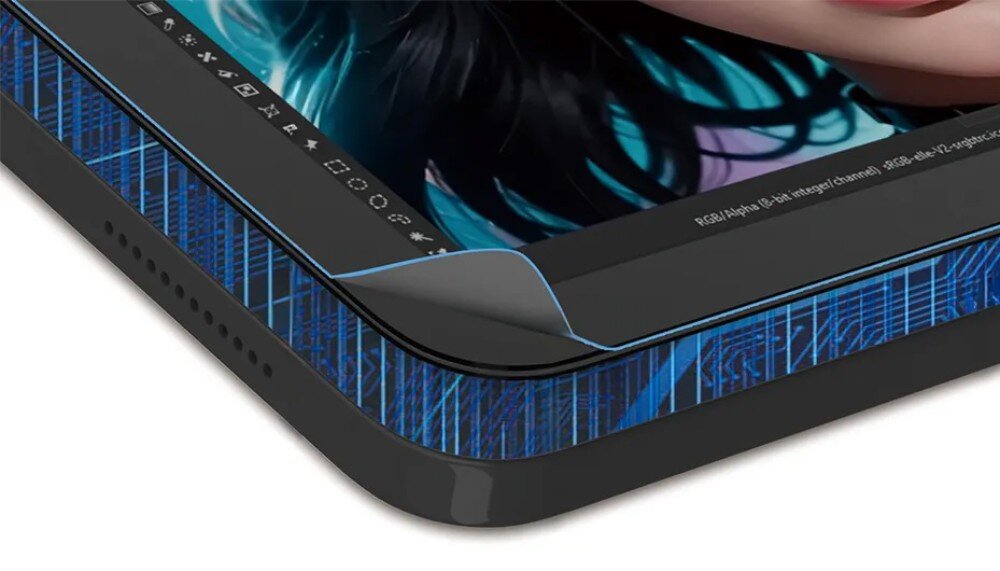 Tablet graficzny BOSTO BT-101C Zbliżenie na dolny róg tabletu graficznego, pokazujące krawędź urządzenia oraz strukturę nakładki na ekranie, matryca, warstwa antyodblaskowa, kolory, parametry