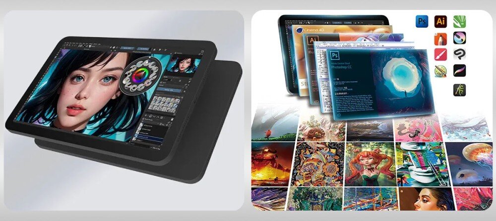 Tablet graficzny BOSTO BT-101C Zestawienie dwóch grafik: po lewej tablet z rysunkiem dziewczyny, po prawej ikony popularnych programów graficznych i mozaika ilustracji, obudowa, wymiary, waga, kompatybilność