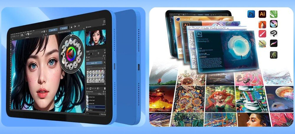 Obraz przedstawia niebieski tablet graficzny z wyświetlaczem, na którym widoczny jest program do edycji grafiki z portretem kobiety. Obok tabletu znajdują się miniatury różnych programów graficznych oraz przykłady kolorowych ilustracji.