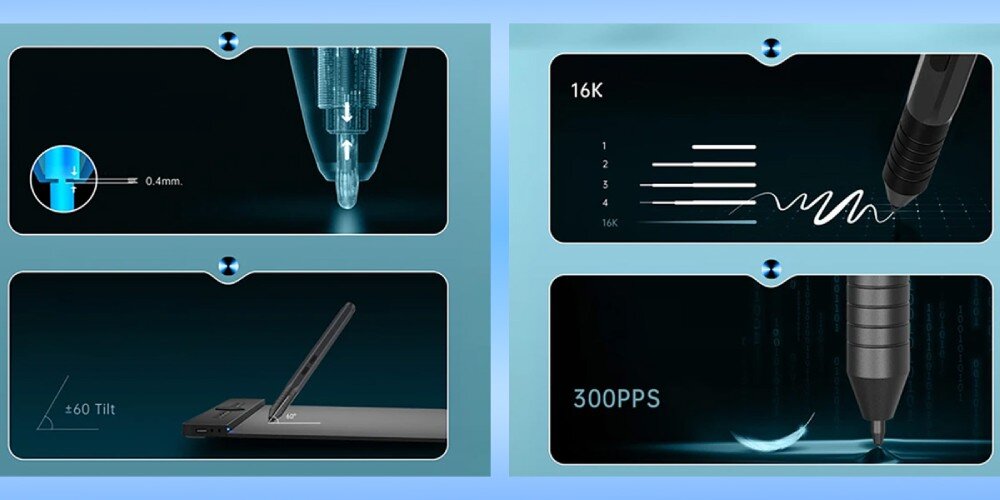 Tablet graficzny BOSTO T1060K Cztery grafiki prezentujące detale techniczne rysika, w tym czułość nacisku 16K, prędkość 300 RPS, funkcję wykrywania pochylenia oraz budowę końcówki, obszar roboczy, rozdzielczość, pióro