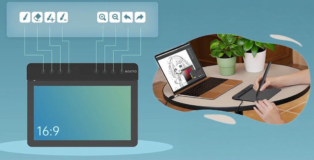 Tablet graficzny BOSTO T1060K Grafika prezentująca tablet o proporcjach ekranu 16:9 z przypisanymi funkcjami do ośmiu przycisków oraz zdjęcie obok z procesem rysowania przy laptopie, czułość nacisku, szybkość raportowania