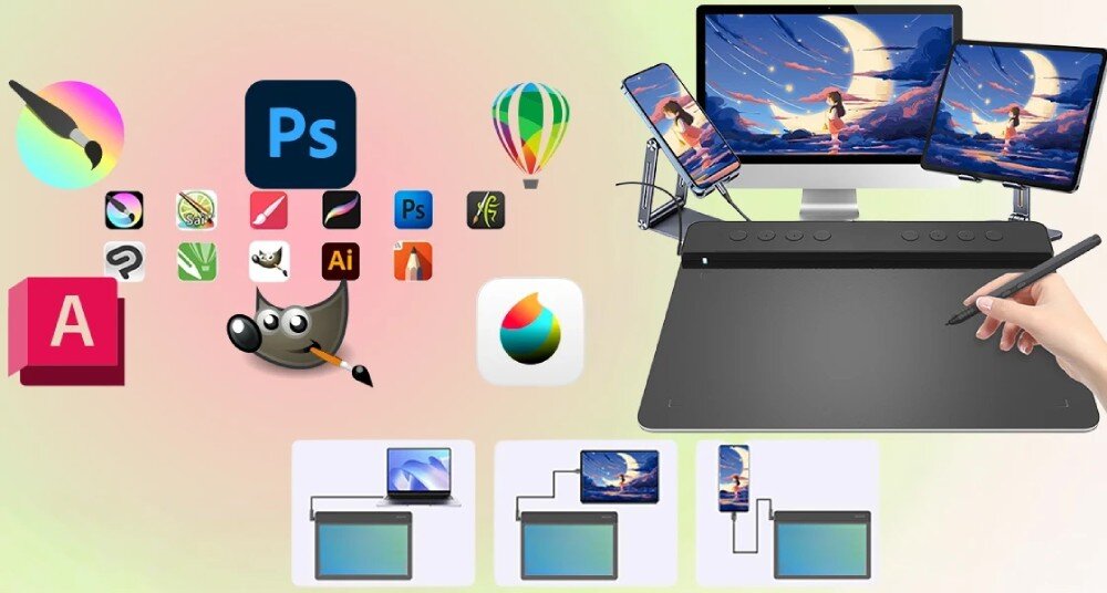 Tablet graficzny BOSTO T1060K Tablet połączony z różnymi urządzeniami, takimi jak komputer, smartfon i tablet multimedialny, w otoczeniu ikon popularnych programów graficznych, klawisze skrótów, port, podłączenie, kompatybilność