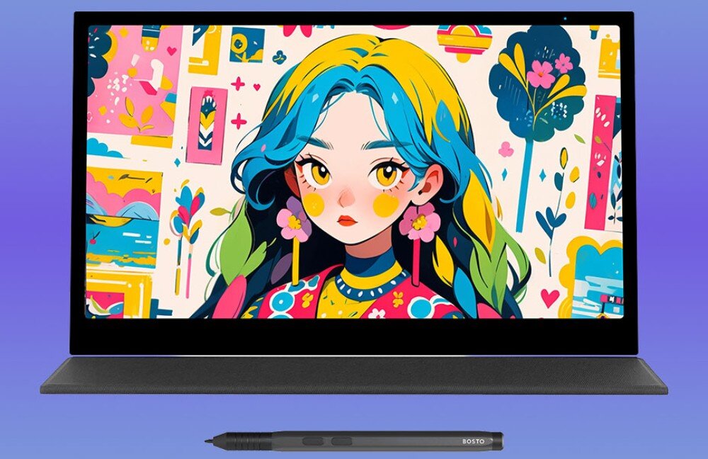 Tablet graficzny BOSTO P160T Tablet graficzny wyświetlający kolorową ilustrację przedstawiającą postać dziewczyny w stylu anime, pod ekranem leży rysik, opis