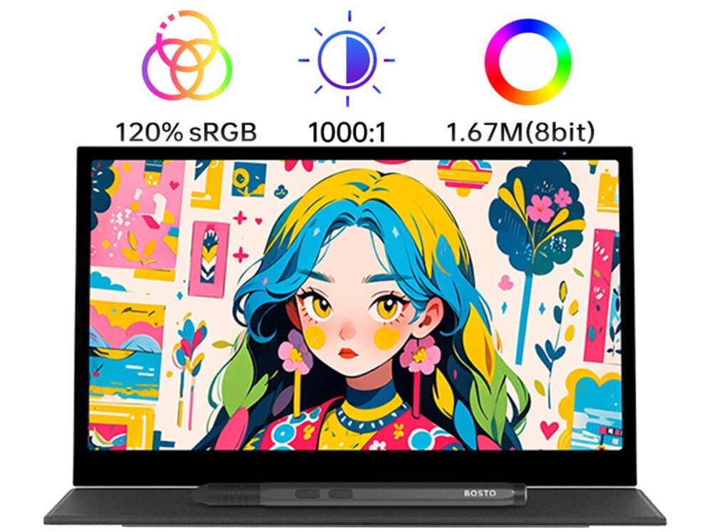 Tablet graficzny BOSTO P160T Ekran z grafiką dziewczyny, nad nim trzy ikony z parametrami technicznymi: '120% sRGB', '1000:1' oraz '1.67M(8bit)', matryca, rozdzielczość, jasność