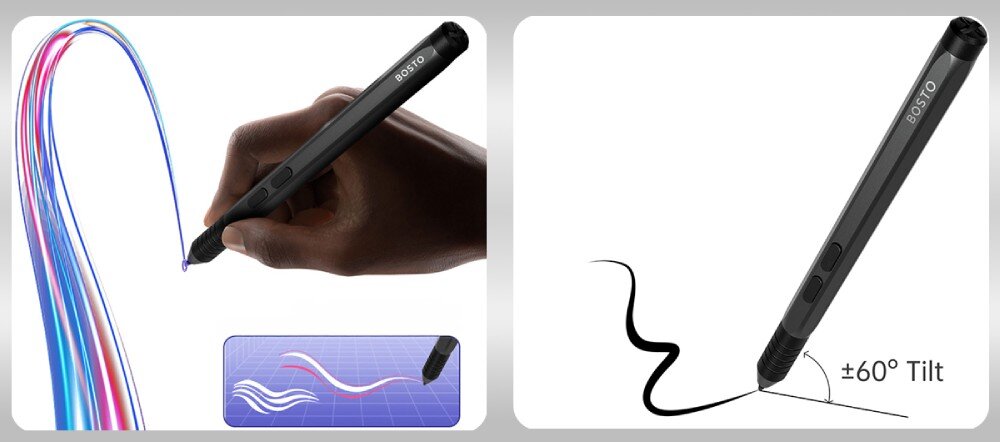 Tablet graficzny BOSTO P160T Kadr podzielony na pół: po lewej ręka rysująca rysikiem kolorowe linie, po prawej rysik pochylony pod kątem z napisem '±60° Tilt', piórko, działanie, poziomy nacisku