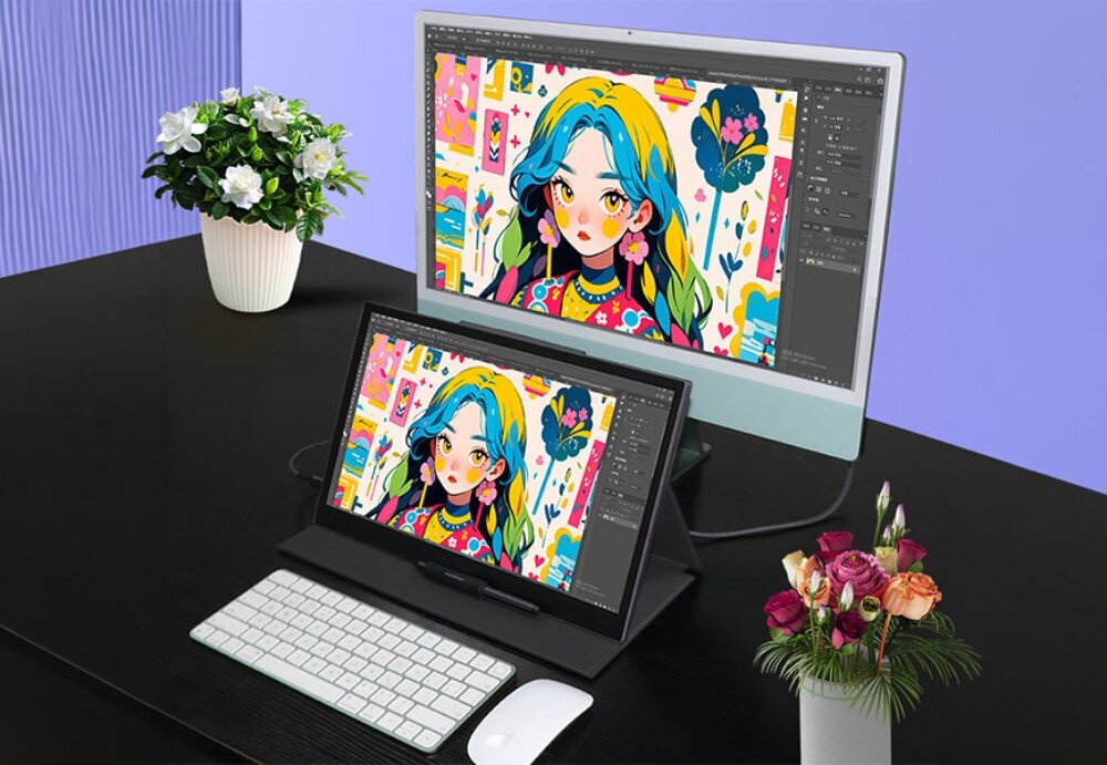 Tablet graficzny BOSTO P160T Stanowisko pracy z dwoma ekranami wyświetlającymi grafikę anime, klawiaturą, myszką oraz kwiatami w wazonach na ciemnym biurku, obudowa, waga, wymiary
