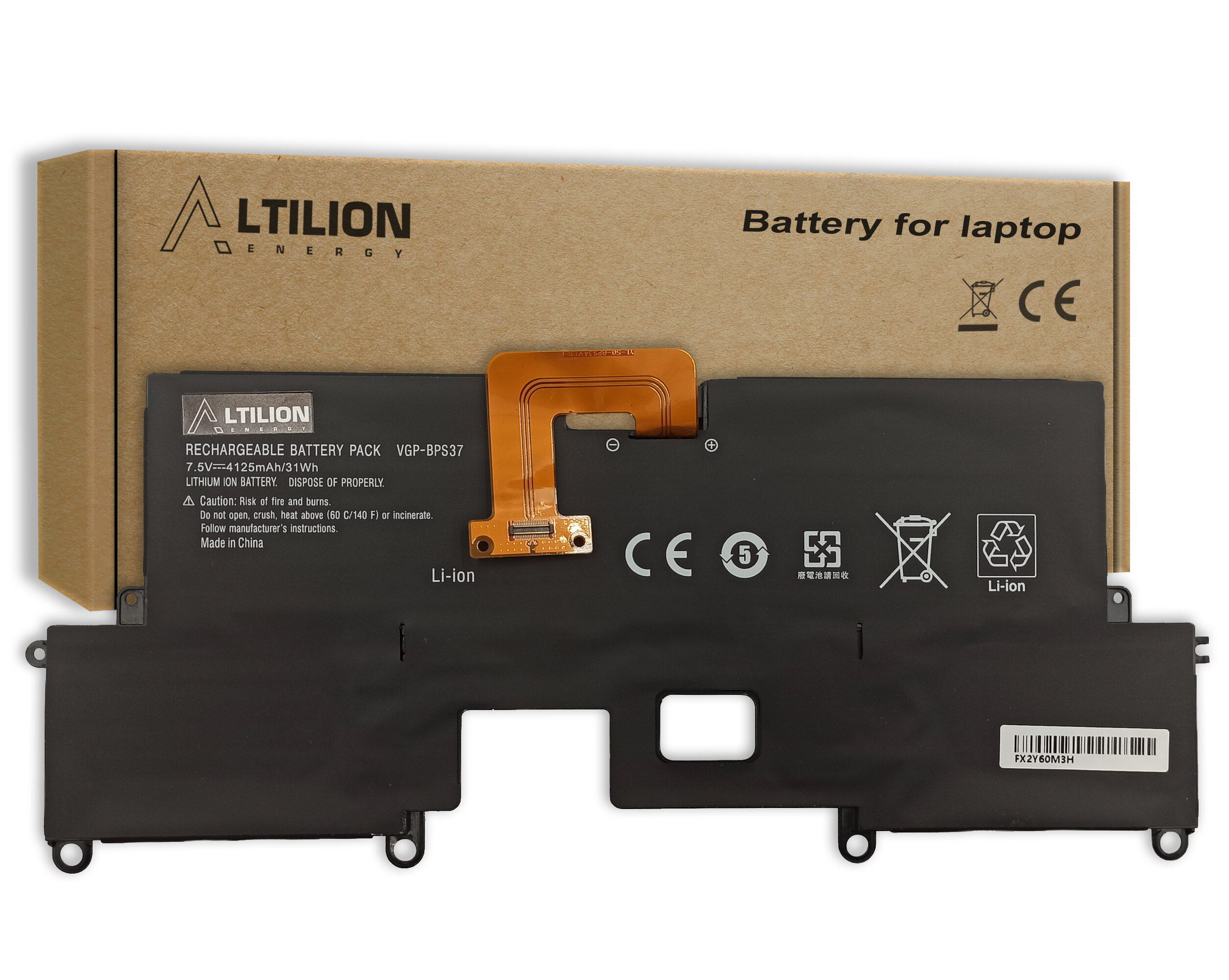 Na obrazie widoczna jest bateria do laptopa marki Altilion Energy z oznaczeniem VGP-BPS37, umieszczona na tle kartonowego opakowania z napisem \'Battery for laptop\'. Na baterii znajdują się symbole certyfikacyjne oraz informacje o pojemności i napięciu.
