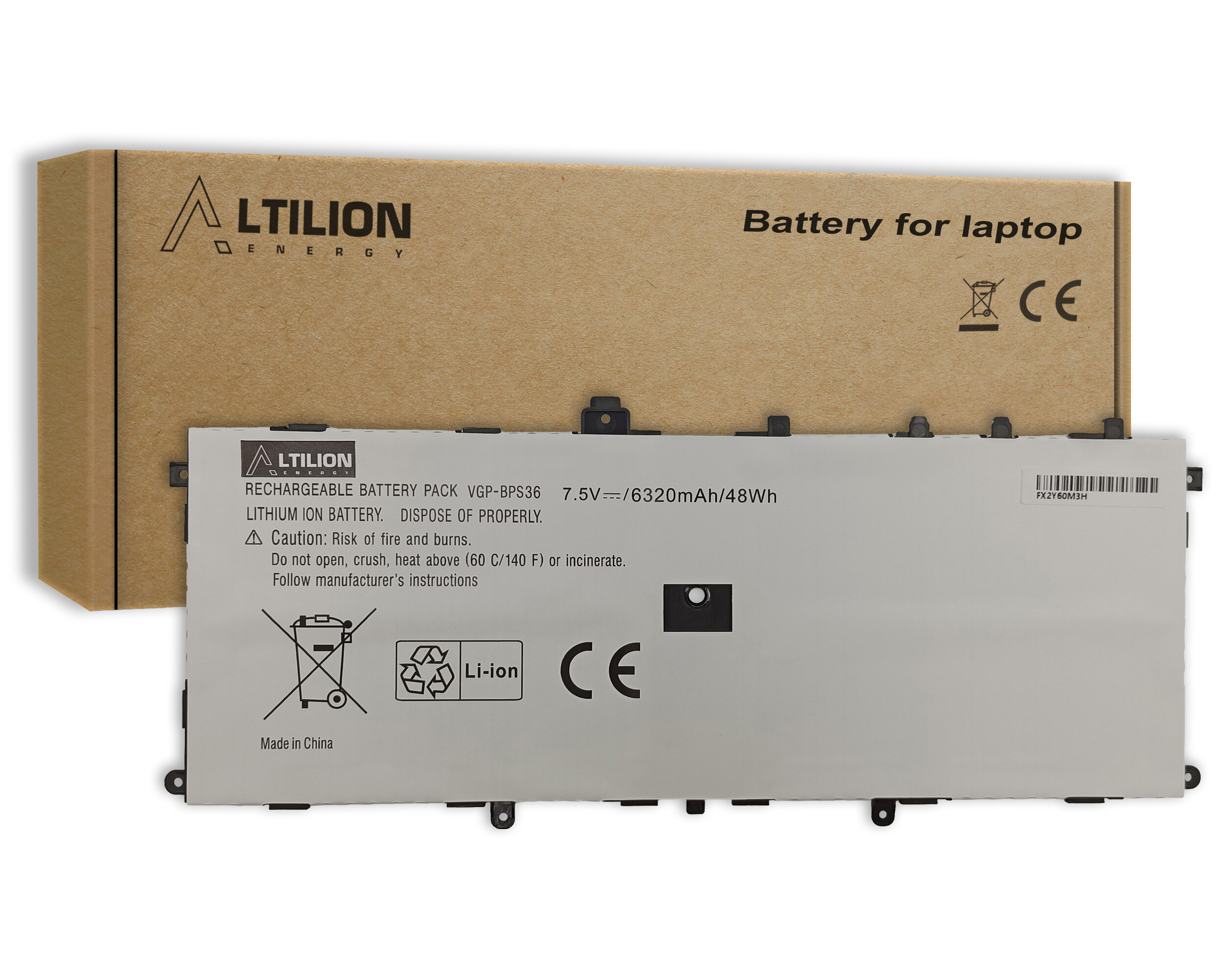 Na obrazie widoczna jest bateria litowo-jonowa z oznaczeniami: \'Altilion Energy\', \'RECHARGEABLE BATTERY PACK VGP-BPS36\', \'7.5V==/6320mAh/48Wh\'. W tle znajduje się kartonowe opakowanie z napisem \'Battery for laptop\'.