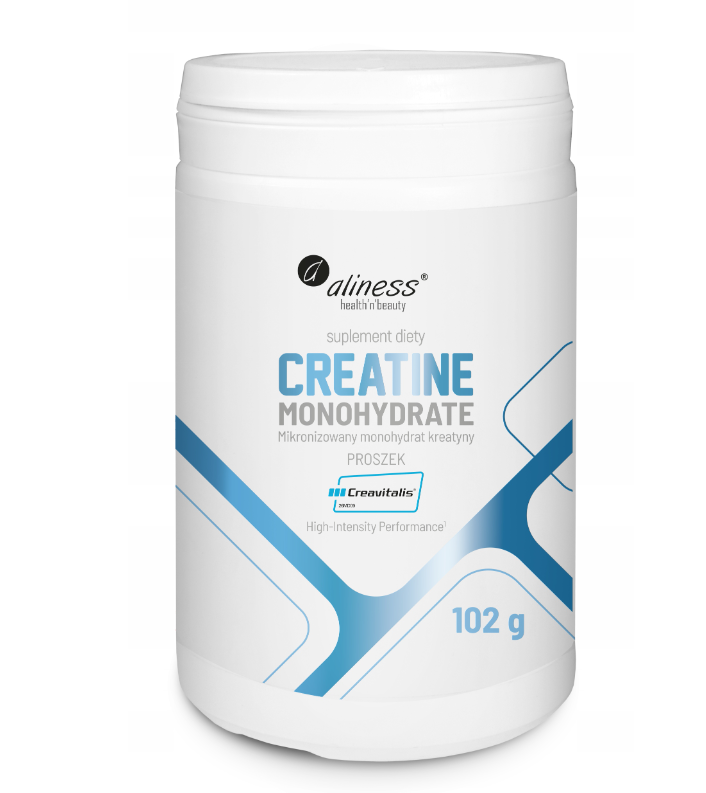 Biały pojemnik z etykietą zawierającą tekst: \'aliness health in beauty, suplement diety, CREATINE MONOHYDRATE, Mikronizowany monohydrat kreatyny, PROSZEK, Creavitails, High-Intensity Performance, 102 g\'.