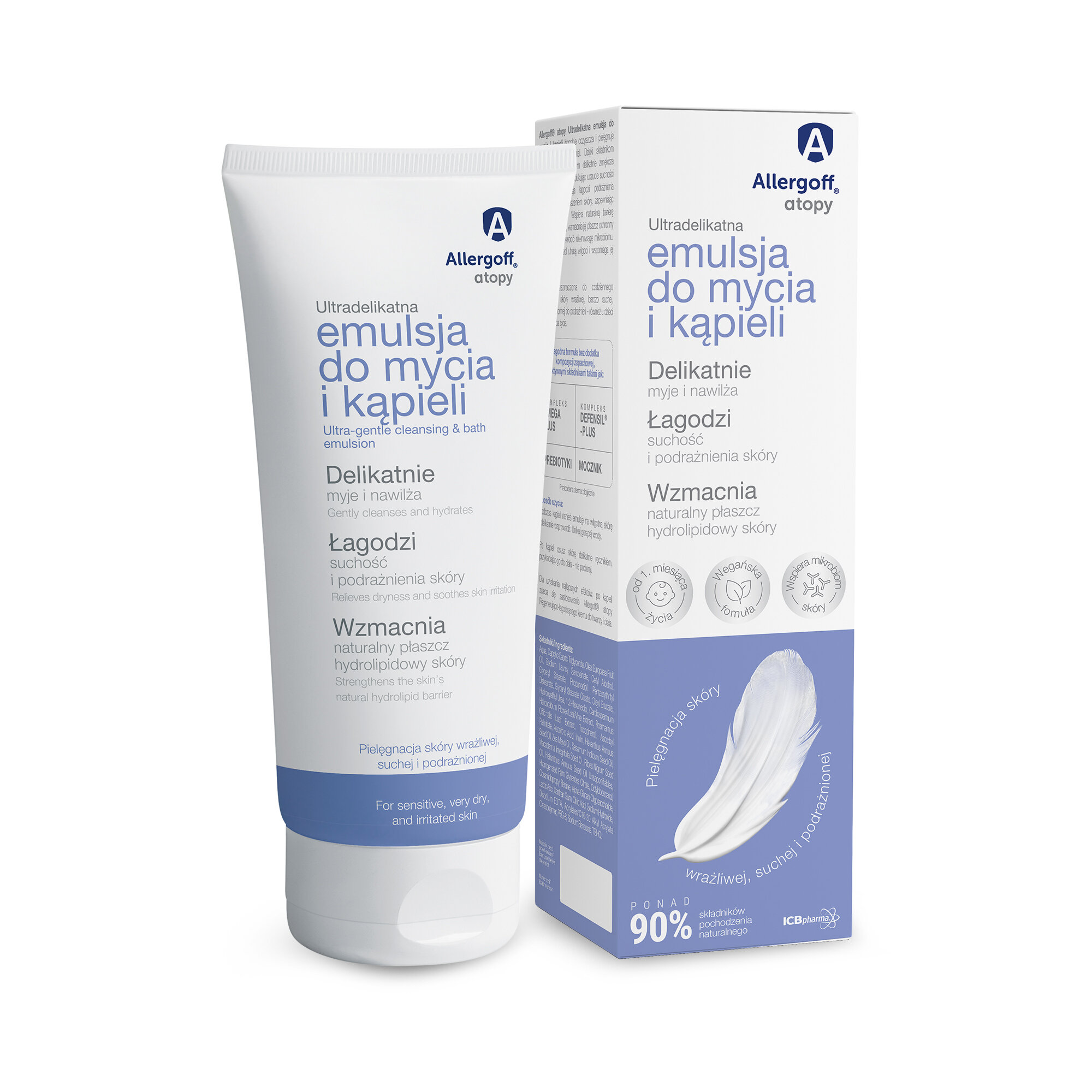 Na obrazie widoczna jest tuba i pudełko produktu \'Allergoff atopy emulsja do mycia i kąpieli\'. Na opakowaniu znajdują się informacje o delikatnym myciu, nawilżaniu i łagodzeniu podrażnień skóry.