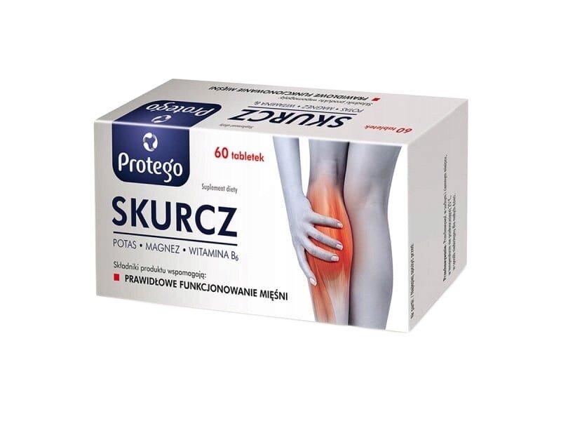 Opakowanie suplementu diety Protego Skurcz z napisem \'60 tabletek\' oraz grafiką dłoni trzymającej łydkę. Na opakowaniu widnieje tekst: \'Potas + Magnez + Witamina B6\' oraz \'Składniki produktu wspomagają: prawidłowe funkcjonowanie mięśni\'.