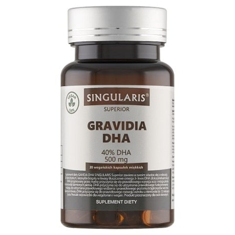 Na obrazie widoczna jest brązowa butelka z etykietą \'Singularis Superior Gravidia DHA 40% DHA 500 mg\'. Na etykiecie znajduje się informacja o 30 wegańskich kapsułkach miękkich oraz napis \'Suplement diety\'.