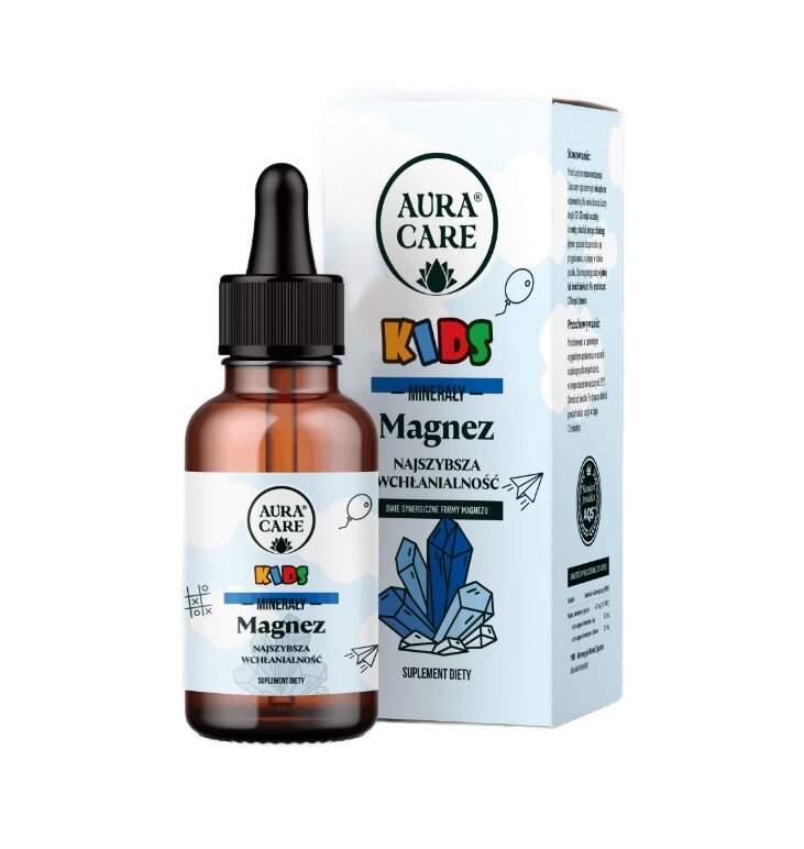 Na obrazie znajduje się butelka z ciemnego szkła z pipetą oraz pudełko z napisem \'AURA CARE KIDS MINERAŁY Magnez NAJSZYBSZA WCHŁANIALNOŚĆ\'. Na pudełku widoczne są kolorowe litery i rysunek kryształów.