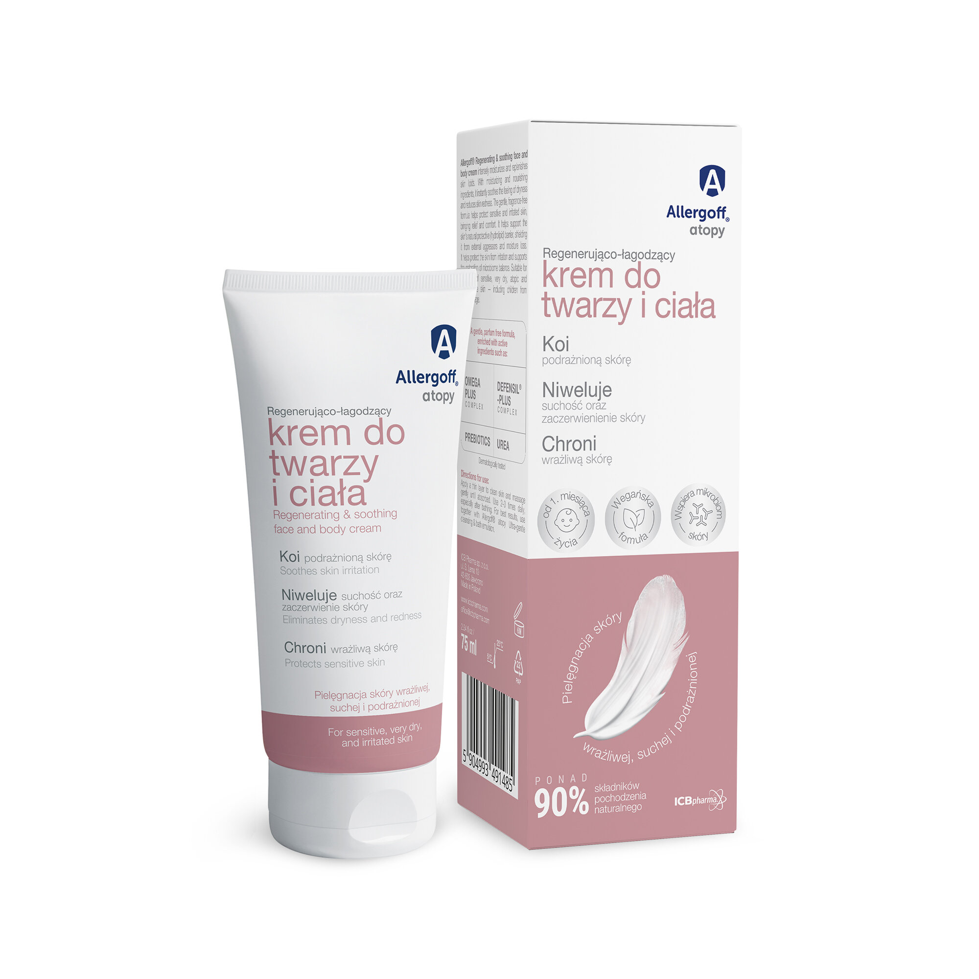 Na obrazie widoczny jest krem do twarzy i ciała marki Allergoff Atopy w tubce oraz jego opakowanie. Na opakowaniu znajdują się informacje o właściwościach produktu, takich jak kojenie podrażnień i niwelowanie suchości skóry.