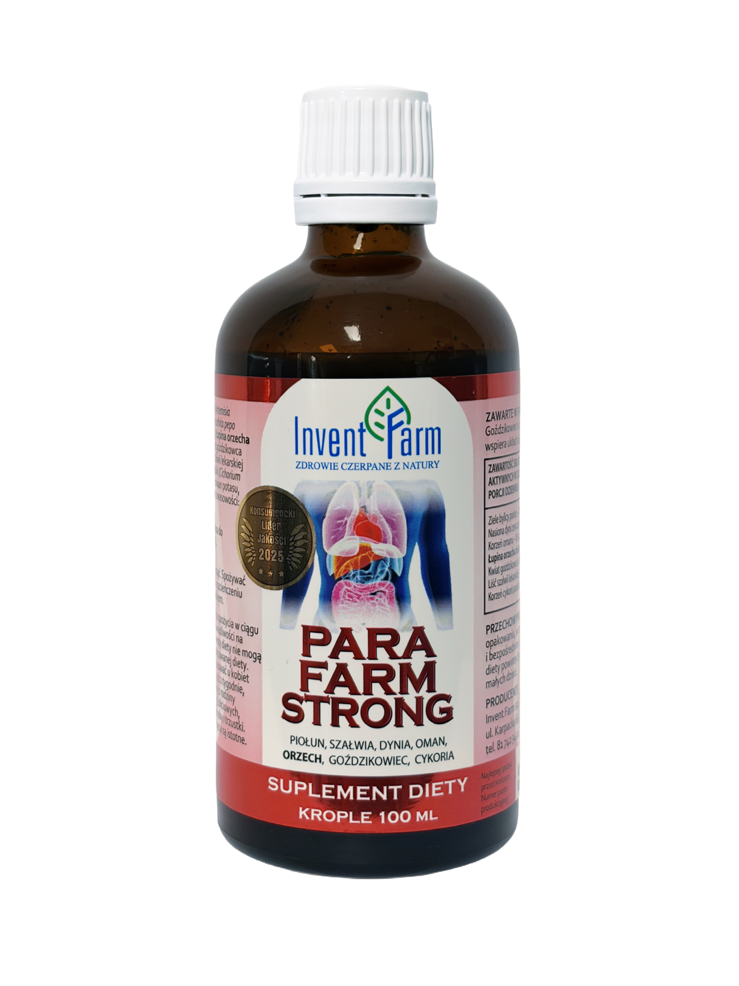 Butelka z ciemnego szkła z białą nakrętką, na etykiecie widnieje logo \'Invent Farm\' oraz napis \'Para Farm Strong\'. Etykieta zawiera również informacje o składnikach i przeznaczeniu produktu jako suplement diety, krople 100 ml.