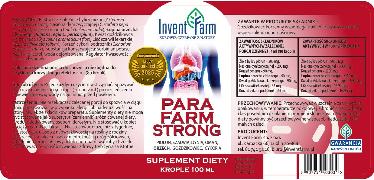 Etykieta produktu \'Invent Farm Para Farm Strong 100 ML\' z logo Invent Farm i napisem \'ZDROWE CZERPANIE Z NATURY\'. Widoczny jest tekst dotyczący składu, sposobu użycia i przechowywania suplementu diety w kroplach.