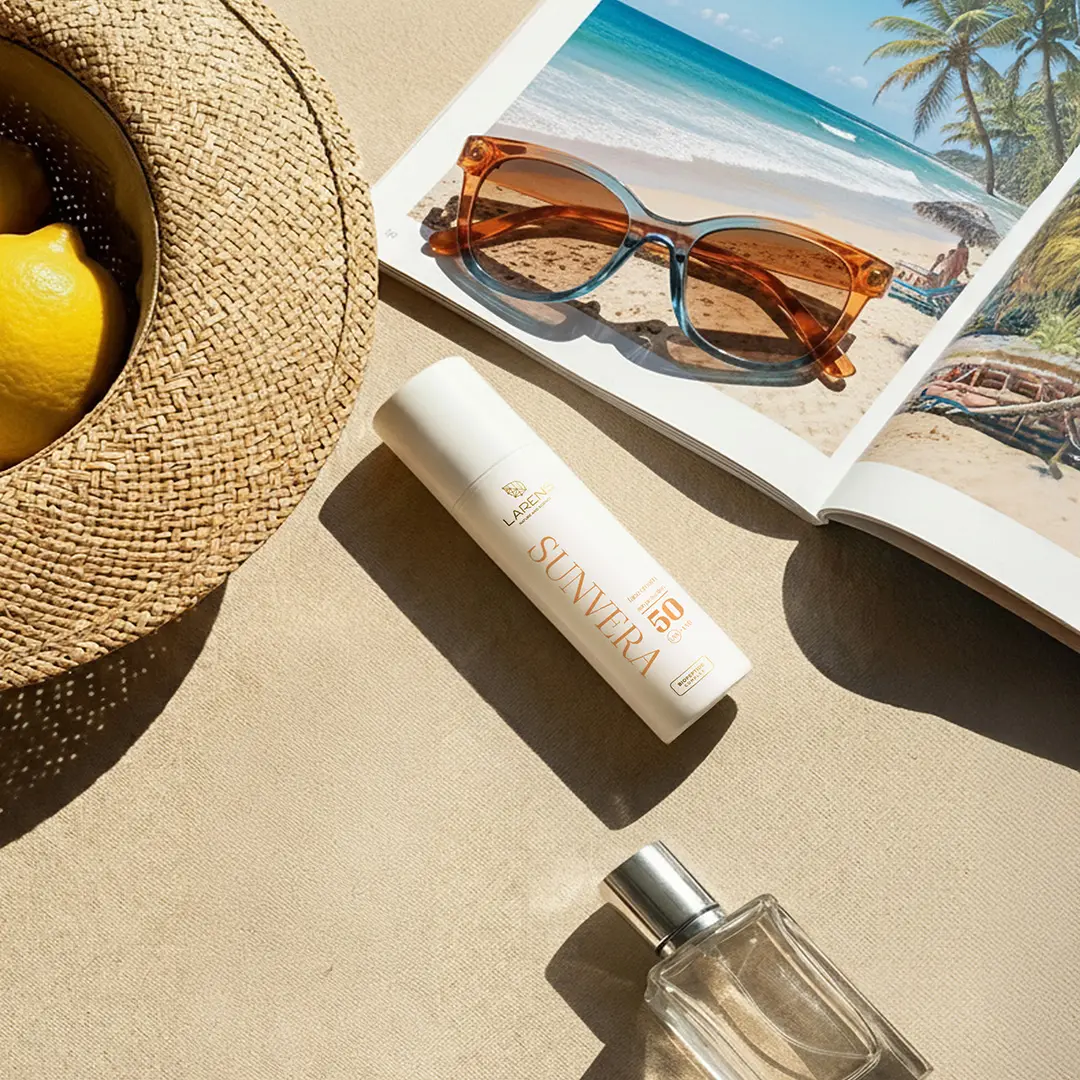 Na obrazie znajduje się krem do twarzy z napisem \'LARENS SUNVERA SPF 50\', leżący obok kapelusza, cytryn, okularów przeciwsłonecznych i otwartej książki z widokiem na plażę. Obok kremu widoczna jest przezroczysta butelka z metalowym korkiem.