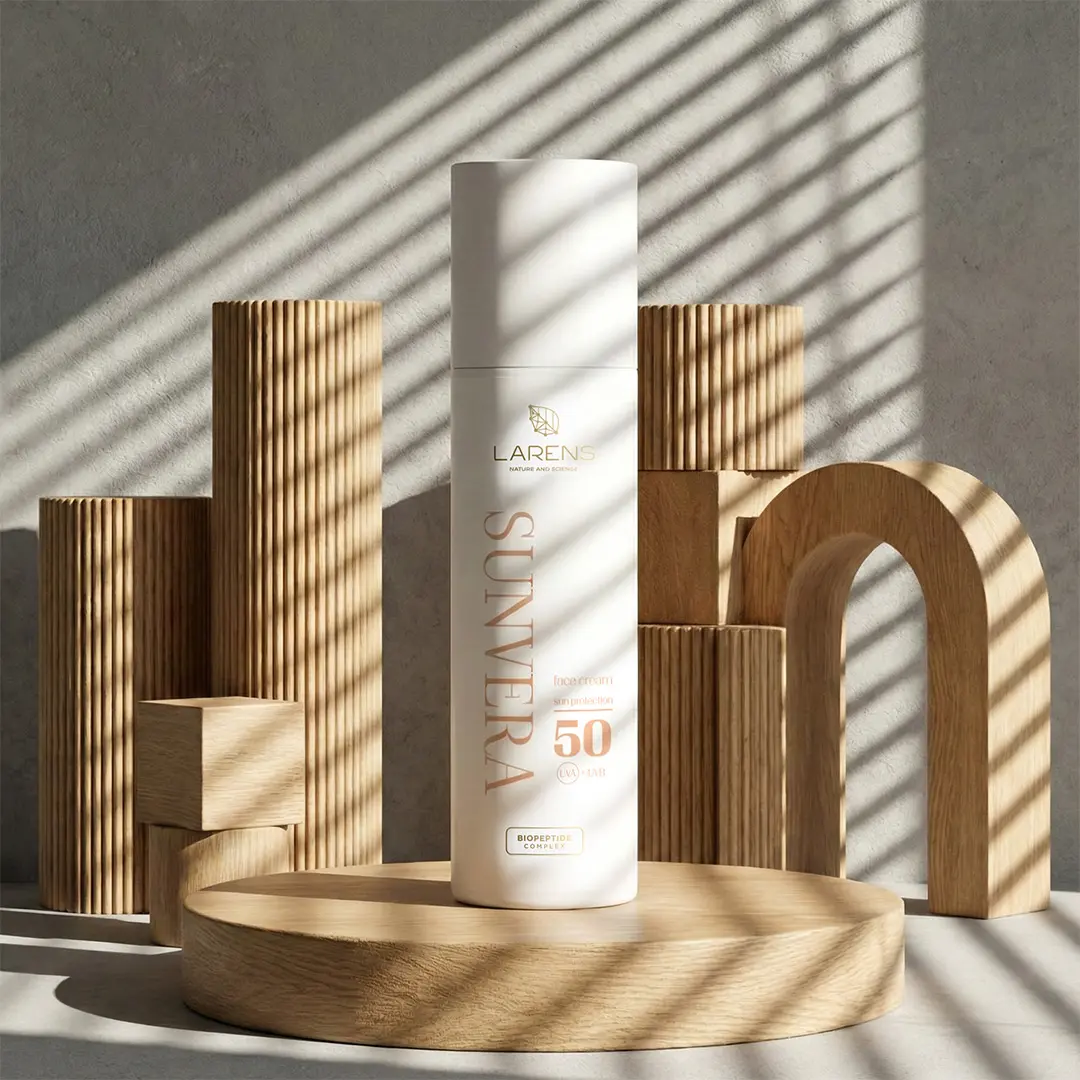 Na obrazie znajduje się biały pojemnik z napisem \'LARENS SUNVERA face cream skin protection 50 SPF\'. W tle widoczne są drewniane elementy dekoracyjne i cienie od żaluzji.