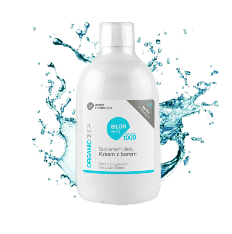 Biała butelka z etykietą \'Invex remedies\', \'SILOR+B Organic 1000\', \'Suplement diety Krzem z borem\'. W tle widoczny jest rozprysk wody.