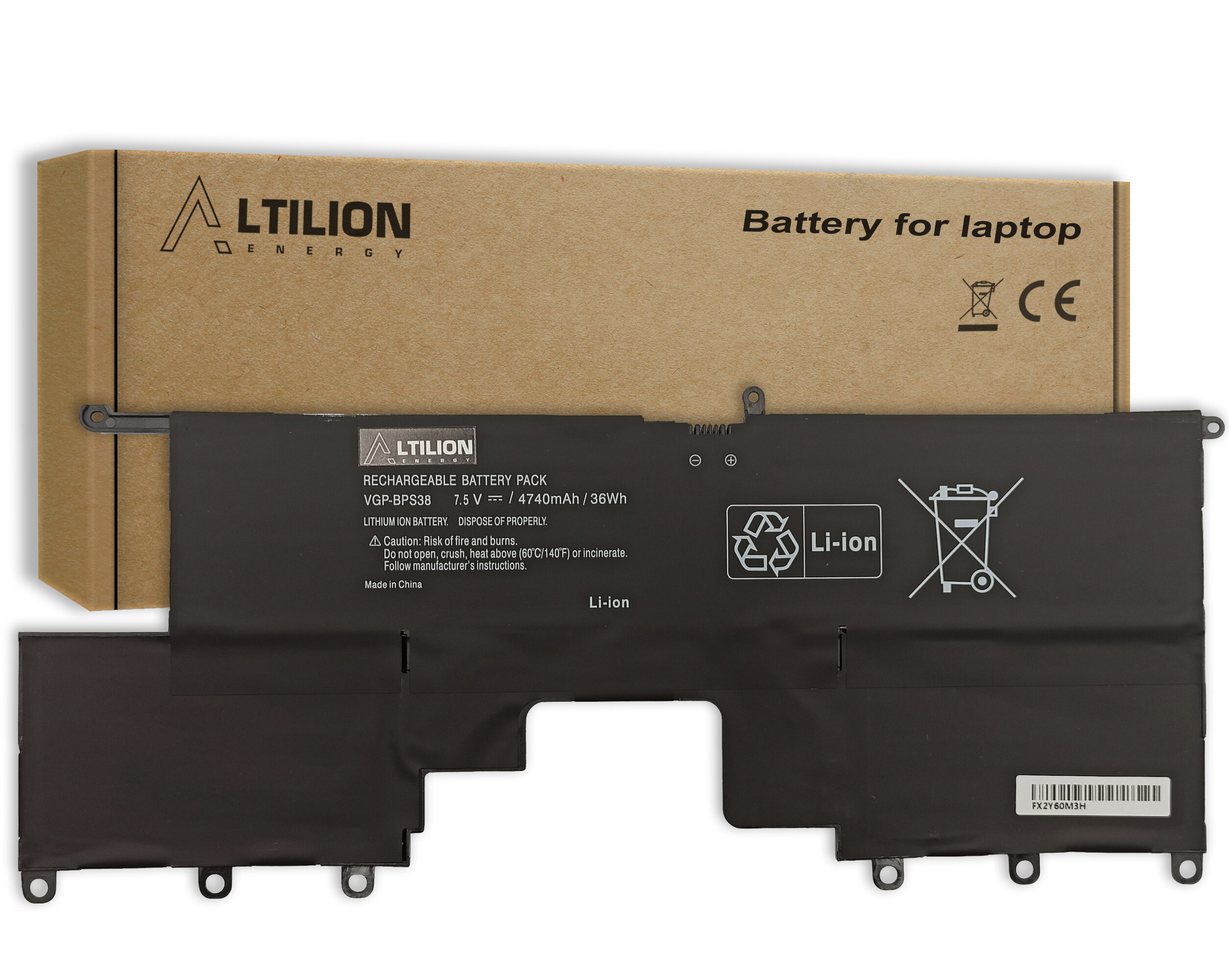 Na obrazie widoczna jest bateria do laptopa marki Altilion Energy z oznaczeniem VGP-BPS38, o pojemności 4740mAh i napięciu 7.5V. W tle znajduje się kartonowe opakowanie z napisem \'Battery for laptop\'.