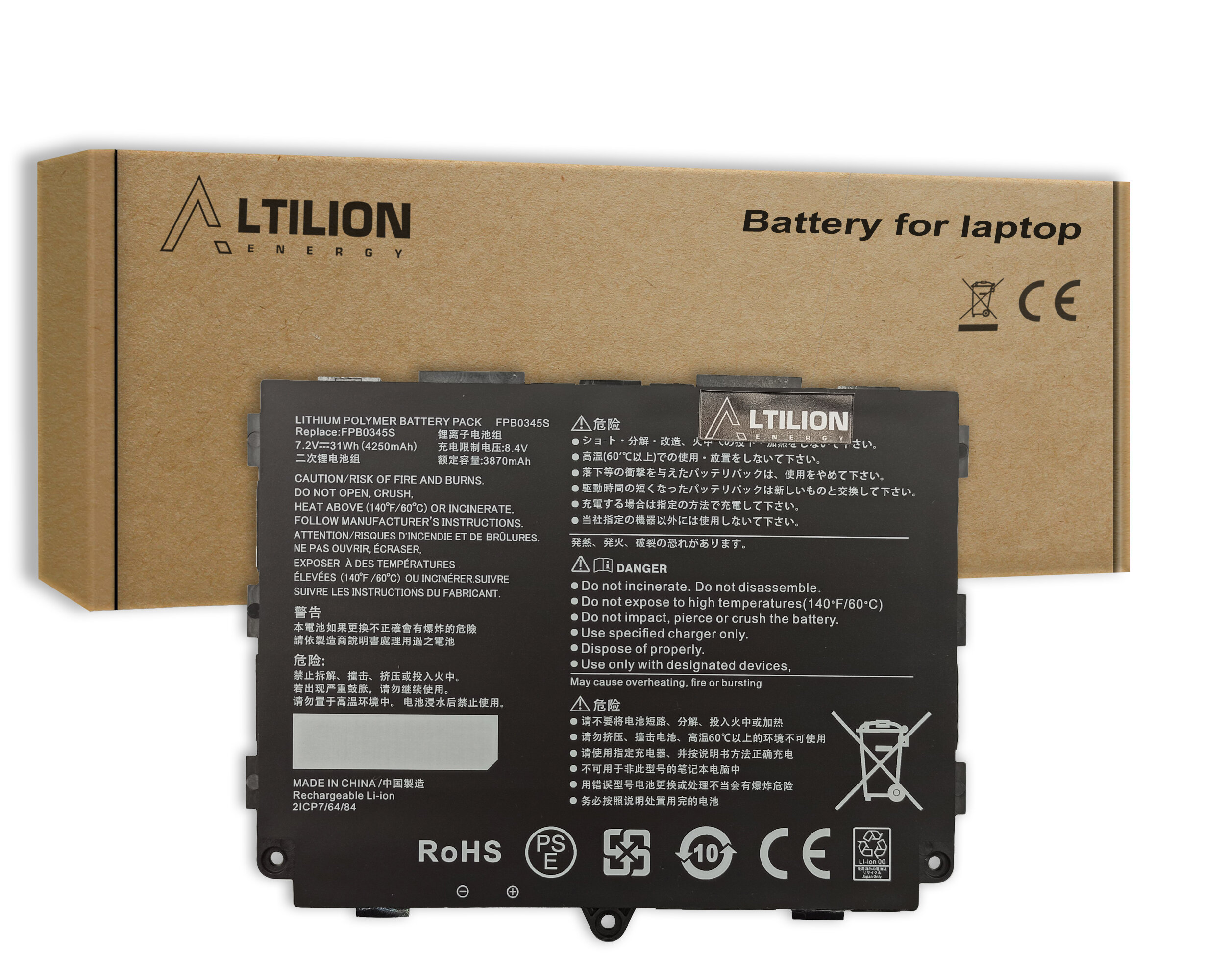 Na obrazie widoczna jest bateria litowo-polimerowa z oznaczeniami i ostrzeżeniami, a w tle znajduje się pudełko z logo \'Altilion Energy\' i napisem \'Battery for laptop\'.