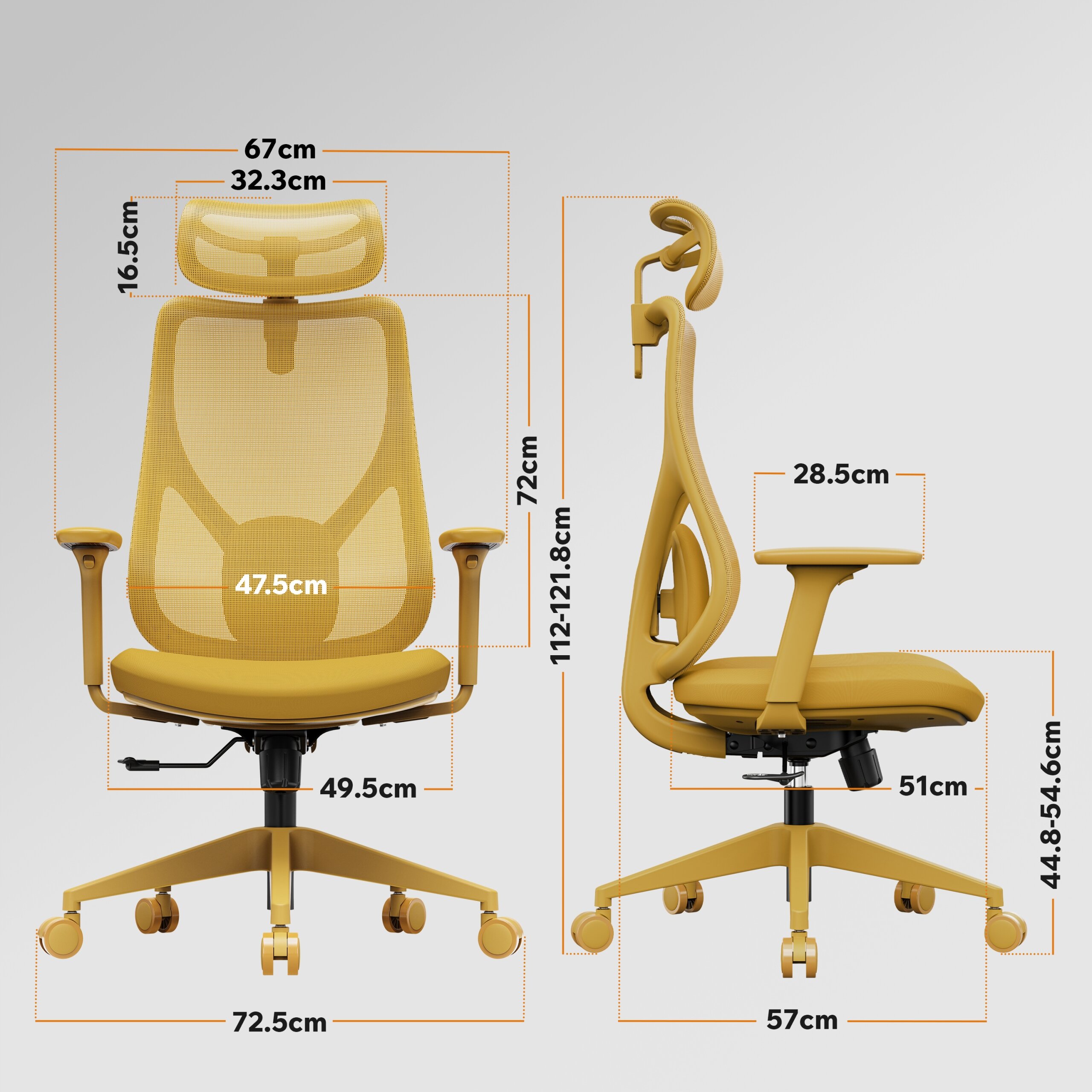Obraz przedstawia żółty, ergonomiczny fotel biurowy z materiałowym obiciem, widoczny z przodu i z boku. Na obrazie znajdują się wymiary poszczególnych elementów fotela, takie jak wysokość oparcia, szerokość siedziska i wysokość podłokietników.