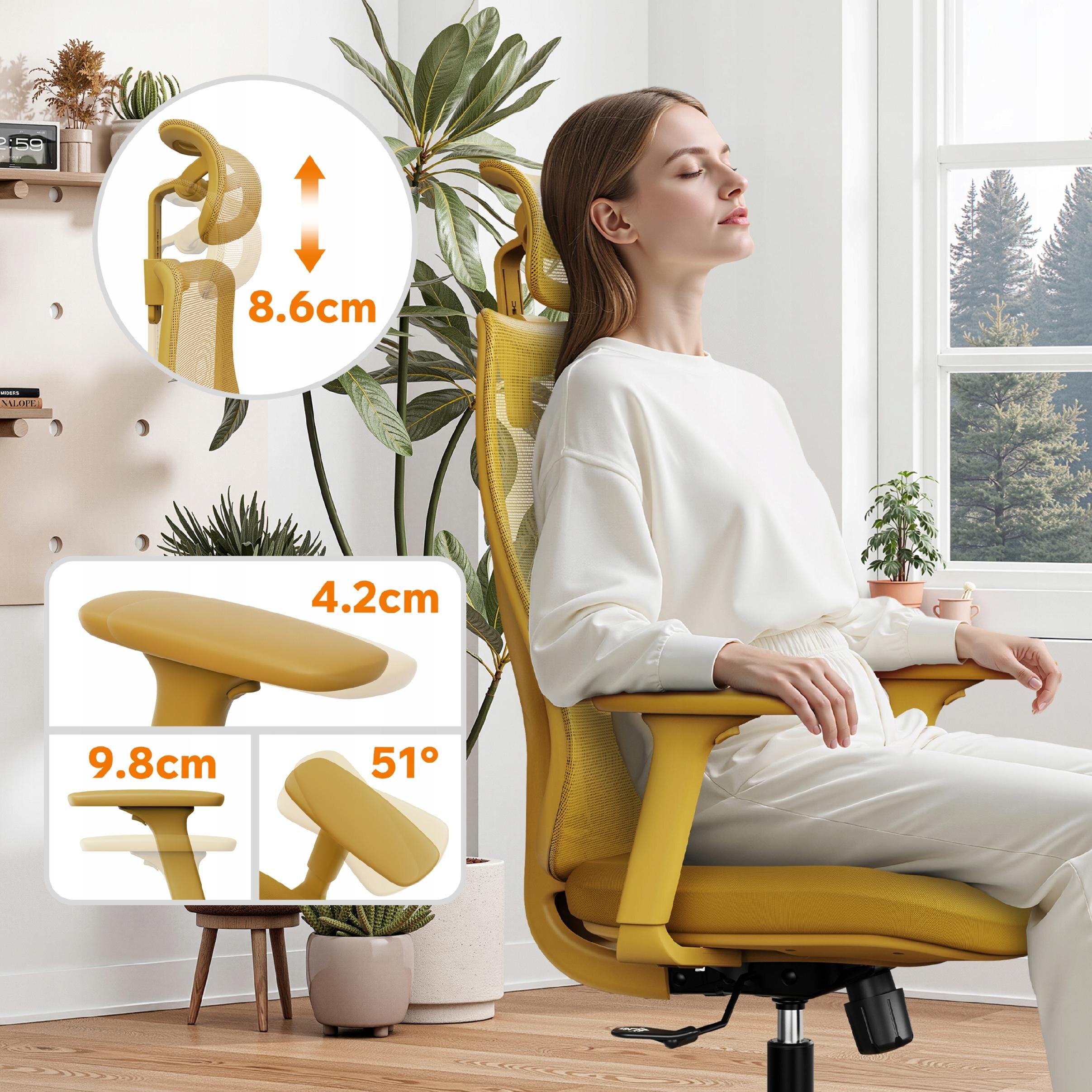 Osoba siedzi na żółtym ergonomicznym krześle biurowym z regulowanym zagłówkiem i podłokietnikami. Na obrazie widoczne są wymiary: 8.6 cm, 4.2 cm, 9.8 cm oraz kąt 51°.