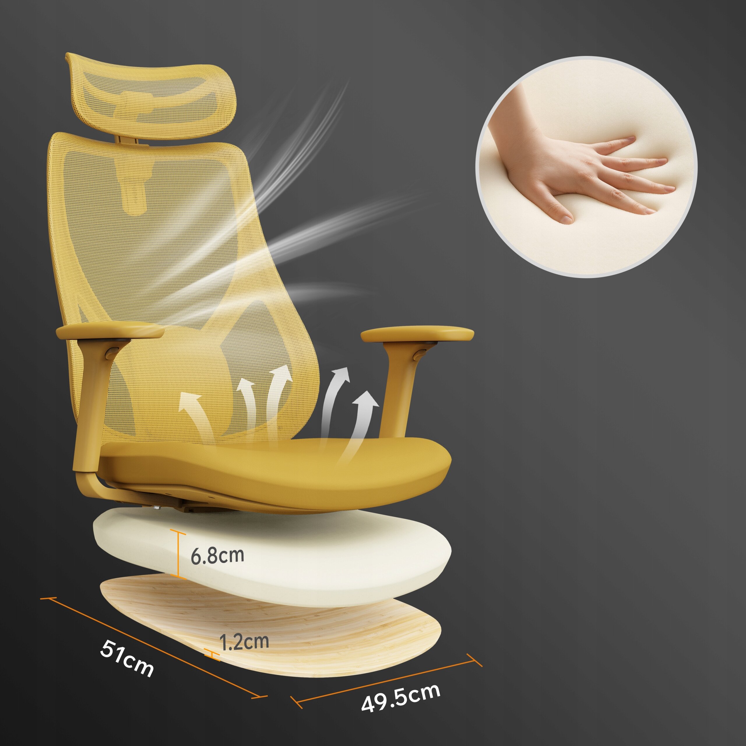 Żółty ergonomiczny fotel biurowy z siatkowym oparciem i regulowanymi podłokietnikami. Obok fotela widoczne są wymiary: 51 cm, 49.5 cm, 6.8 cm, 1.2 cm oraz okrągłe zdjęcie dłoni naciskającej na materiał.