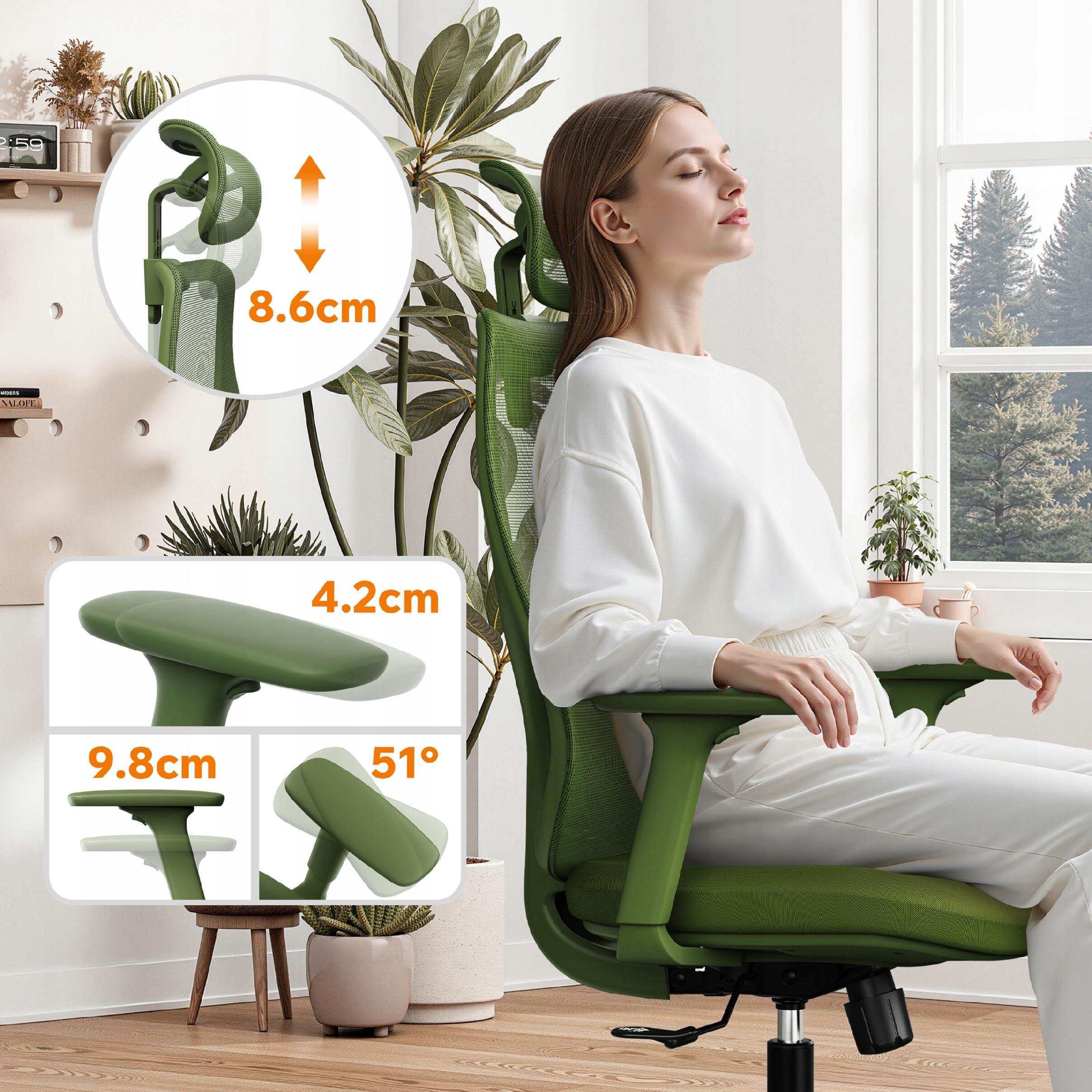 Osoba siedzi na zielonym, ergonomicznym fotelu biurowym z regulowanym zagłówkiem i podłokietnikami. Na obrazie widoczne są wymiary: 8.6 cm, 4.2 cm, 9.8 cm oraz kąt 51°.